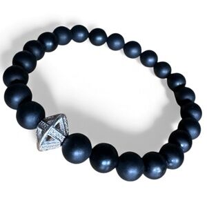 Matte Black Onyx Bracelet | 8mm Beads | Silver Pavé Crystal Saucer Spacer